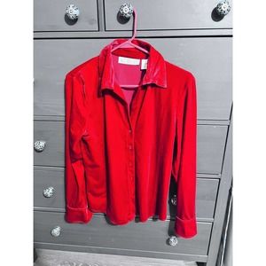 VS Sport Top Womens Size L Red Elastic Velvet Button Up Blouse Vintage EUC